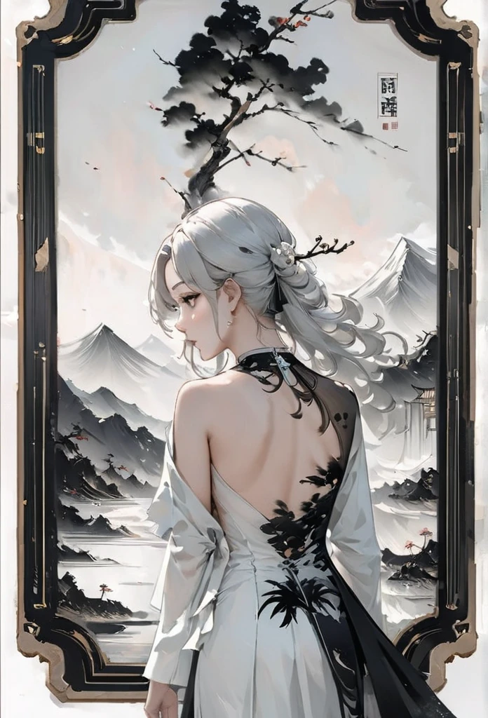 (Lots of white space:1.5)，(Lots of white space around:1.6), White background, simple, Minimalism, abstract,Freehand，Aesthetic，black and white，Ink Painting，antiquity，a mountain，A cheongsam in the distance，(Back:1.7),A beautiful artistic illustration, author：Li Song, art in the style of Guweiz, arte shin jinyoung, Masterpiece by Guweiz, Ross chart 1. 0, Beautiful digital illustrations, Inspired by non-WLOP, Cute and cute digital art, jingna zhang, Guweiz, Stunning digital illustrations