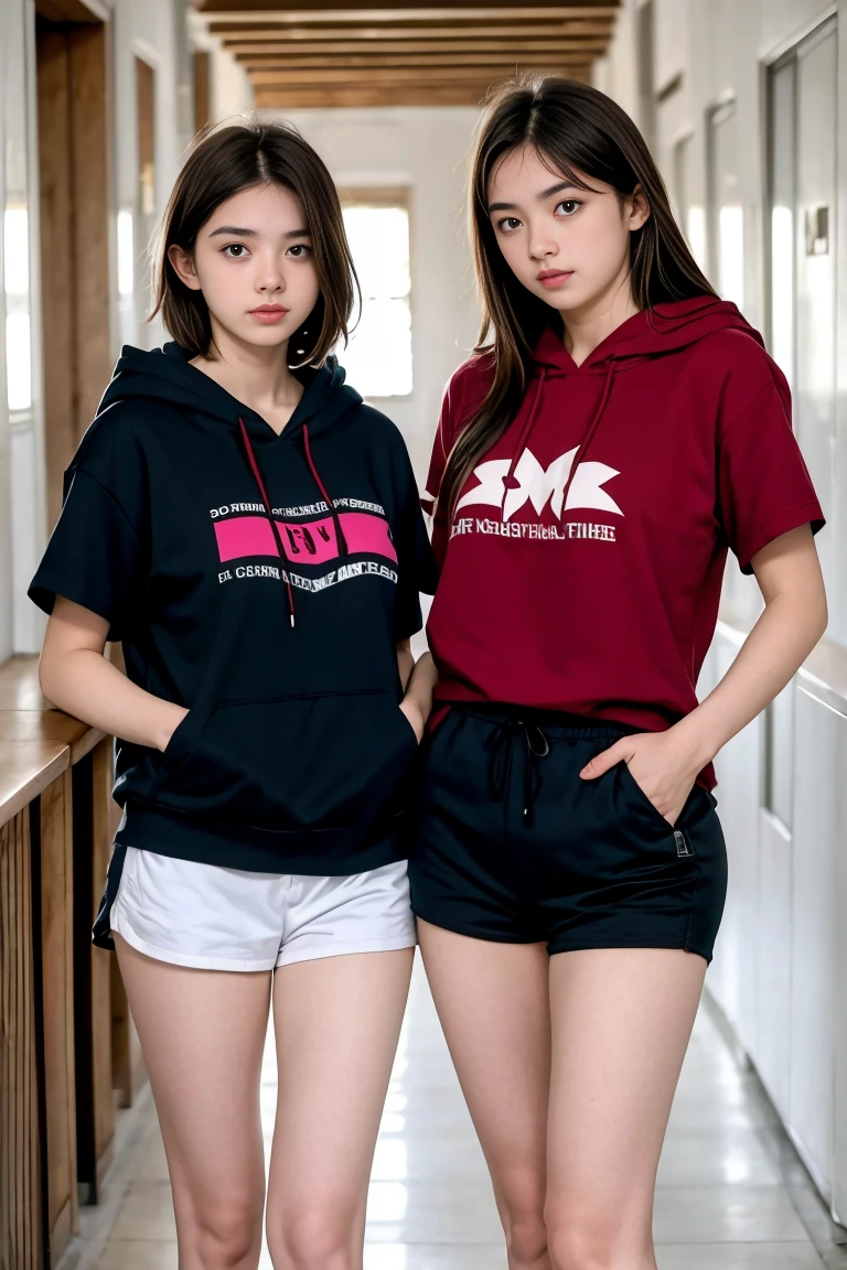 deux femmes ensemble de 18 ans sexy et mince ,short sleeve hoodie , jambe visible , se touche,salle de classe,position sensuel