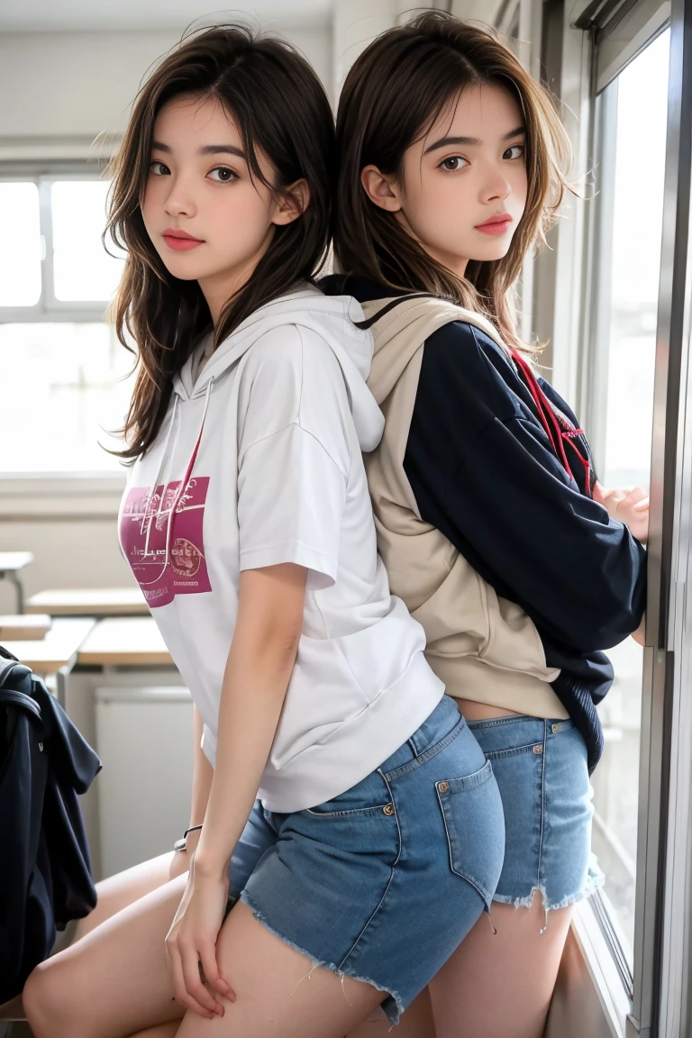 deux femmes ensemble de 18 ans sexy et mince ,short sleeve hoodie , jambe visible , se touche,salle de classe,position sensuel