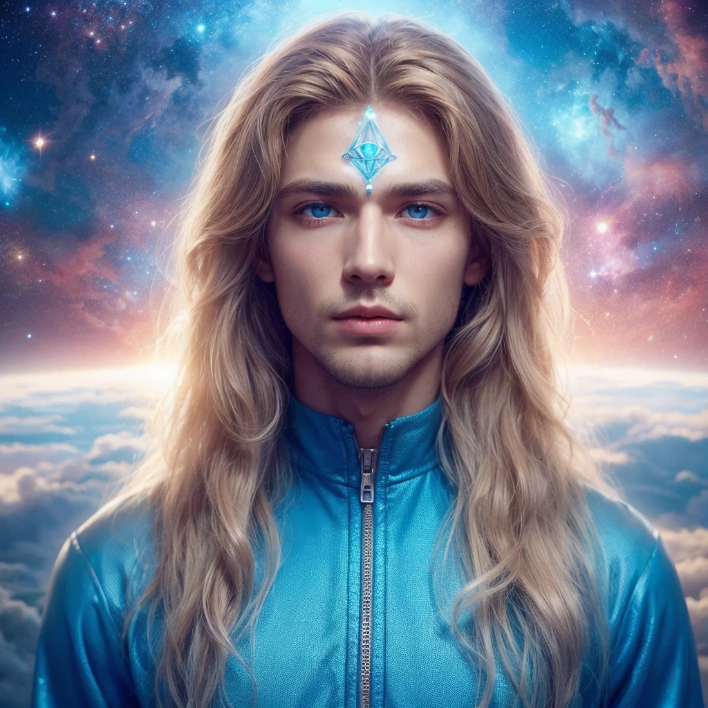 Lineage of male Pleiadian multidimensional being wearing sky blue jumpsuit with light brown hair and blue eyes