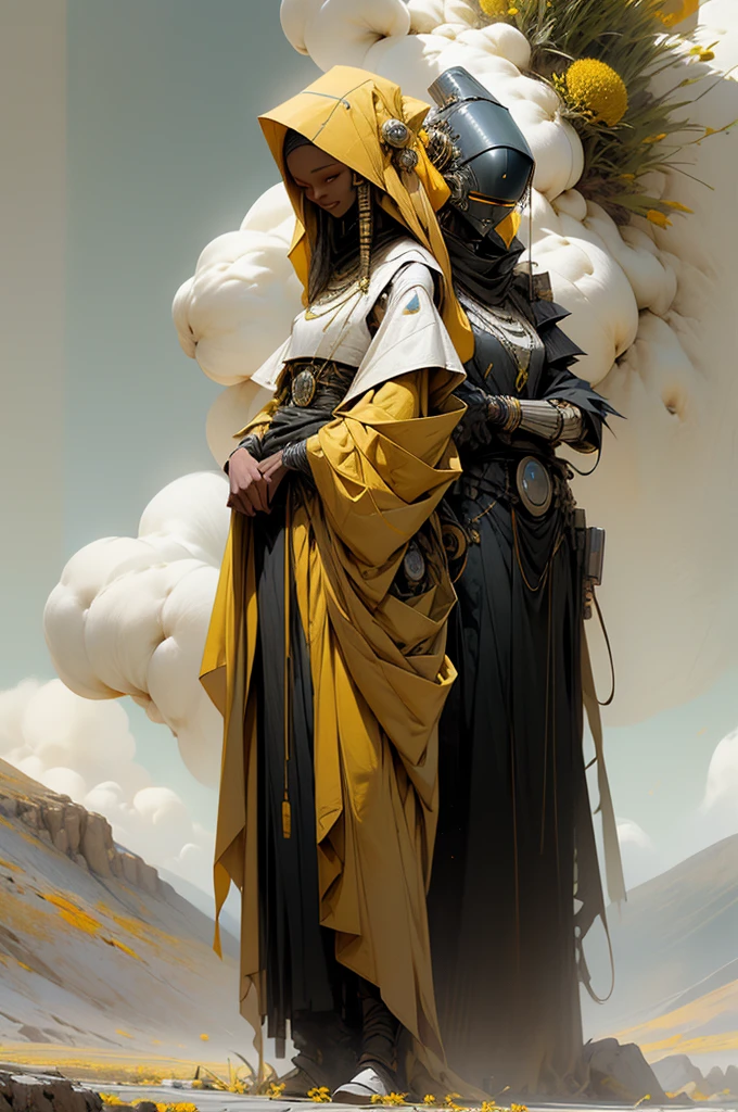 a tall slim robot, wearing a simple yellow wrap across its shoulder, a diamond shaped head, standing side by side with an African woman, with curly black hair and a gentle smile, wearing a sleeveless white robe, standing in a vast meadow covered with white and yellow flowers