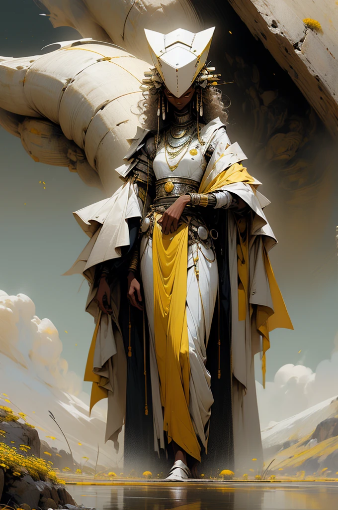 a tall slim robot, wearing a simple yellow wrap across its shoulder, a diamond shaped head, standing side by side with an African woman, with curly black hair and a gentle smile, wearing a sleeveless white robe, standing in a vast meadow covered with white and yellow flowers