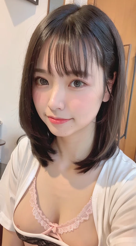 1 female、Highest quality、Ultra-high resolution、(Realistic:1.4)、blush、cute、(Detailed face)、Laughter、Looking into the camera、Inside the room、Black underwear、Accentuate your breasts、Large Breasts、Shortcuts、Mole in the eye、Upper Body、Selfie feeling、Married women