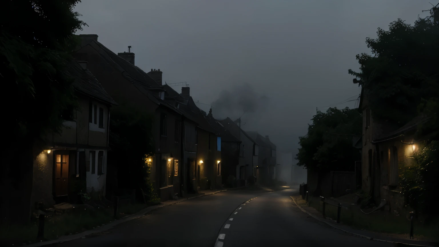 Dense Foggy Road at Night: A black mercedes car speeding on a deserted village road shrouded in dense fog, barely visible ahead(distance view), background old village, there is no light source in village
