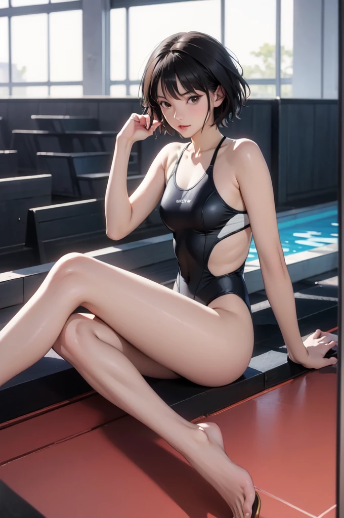 ((masterpiece, best quality)),((highres:1.2)), 1 Girl, 独奏, Blurred Background, (((Small breasts))), Thighs, (One piece swimsuit), pool, (Leg spread) , ((pixiecut)), groin
