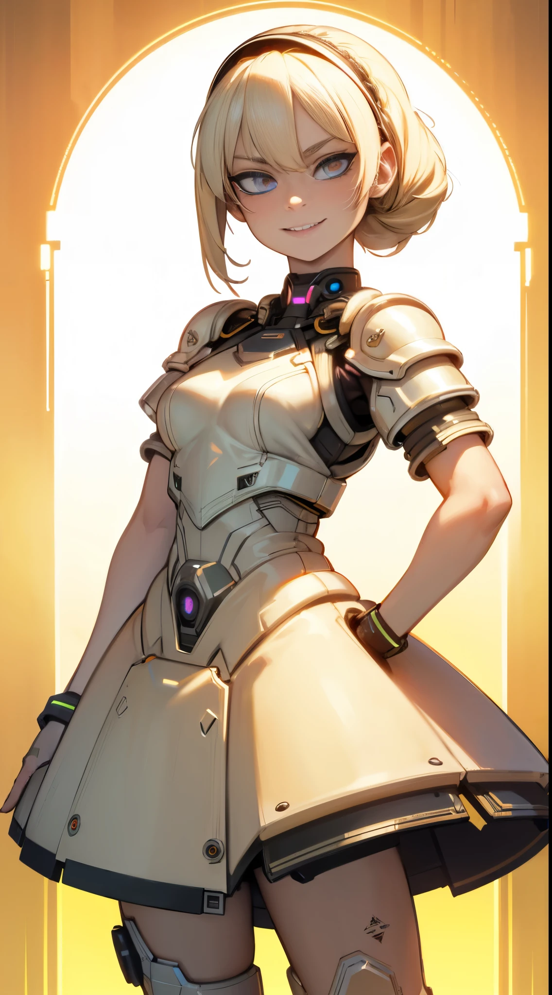 Unparalleled beauty, Glossy and firm skin, Light blonde hair, Beautiful and nice girl,kindly smile,Short hair,french braid hair, (best quality,4k,8k,highres,masterpiece:1.2),ultra-detailed,(realistic,photorealistic,photo-realistic:1.37),futuristic female cyborg,portrait style,metallic material,glowing blue eyes,sharp facial features,fierce expression,mechanical body parts,digitally hienhanced long hair,futuristic armor,high-tech visor,powerful and confident stance,dystopian background,neon lights,colorful holographic projections,sci-fi lighting