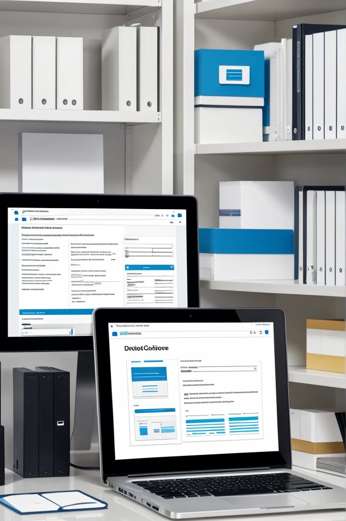 "Create a representative image for document management services. The image should show a modern office environment with shelves full of physical files and a computer workstation. On the computer screen, show a document management software interface with organized folders and an efficient search system. Include items such as an employee scanning documents, a scanner, and workflow charts. Display cloud storage and data security icons to symbolize information access and protection. The scene must convey efficiency and organization in document management, highlighting the ease of access and security of business information. photorealistic style, elegant and modern"