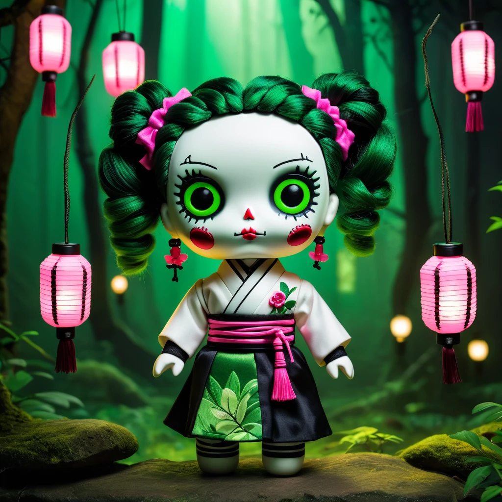 (knitted toy voodoo doll:1.7), (Voodoo Mitsuri Kanroji:1.6), (Clothing white kimono with an open neckline and a black skirt, green knee-highs:1.0), (hair pink on top and green pigtails:1.4), (holds a small sword:1.0), (background:dark mystical forest with glowing lanterns:1.2), (style:creepy, mesmerizing, detailed:1.3), best quality, masterpiece, detailed soft oil painting, detailed background, dramatic cinematic lighting, soft edge lighting, professional, dramatic lighting, hard edge lighting, ultra quality, 4k, masterpiece, best quality, 8k, ultra high definition, high resolution, extremely detailed