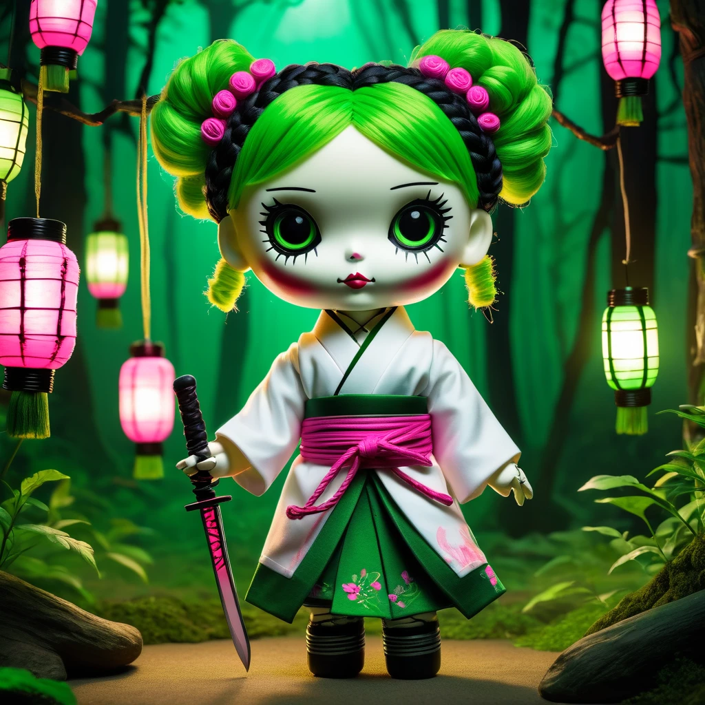 (knitted toy voodoo doll:1.7), (Voodoo Mitsuri Kanroji:1.6), (Clothing white kimono with an open neckline and a black skirt, green knee-highs:1.0), (hair pink on top and green pigtails:1.4), (holds a small sword:1.0), (background:dark mystical forest with glowing lanterns:1.2), (style:creepy, mesmerizing, detailed:1.3), best quality, masterpiece, detailed soft oil painting, detailed background, dramatic cinematic lighting, soft edge lighting, professional, dramatic lighting, hard edge lighting, ultra quality, 4k, masterpiece, best quality, 8k, ultra high definition, high resolution, extremely detailed