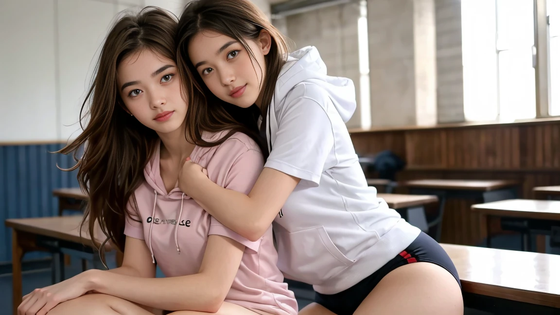 deux femmes ensemble de 18 ans sexy et mince ,short sleeve hoodie , jambe visible , se touche,salle de classe,position sensuel