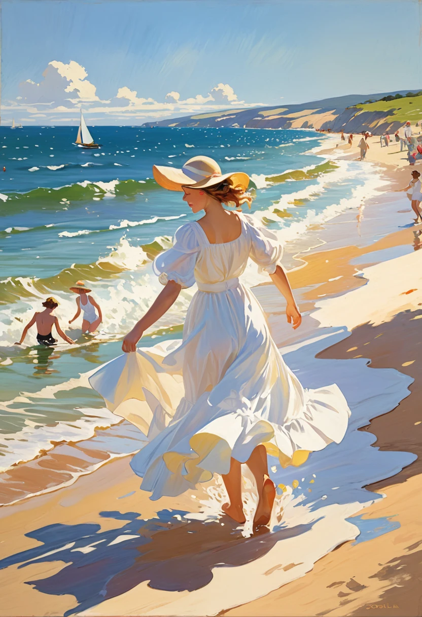 an image of a sunlit beach scene with people enjoying a summer day, painted in the style of Joaquín Sorolla. Include elements such as children playing near the water, women in flowing white dresses, and men in casual summer attire. The scene should be bathed in bright, warm sunlight with vibrant, impressionistic brushstrokes capturing the movement of the waves and the shimmer of the water. The colors should be bright and vivid, emphasizing the contrast between the deep blue of the sea and the golden sands of the beach.