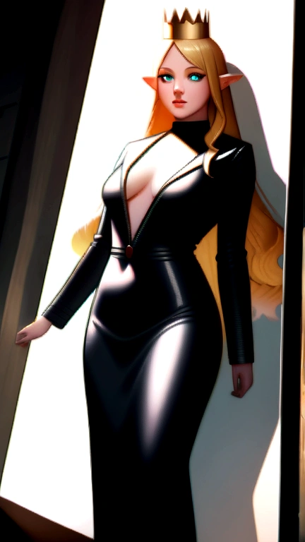 blonde hair, wavy hair, long hair, crown, aqua eyes, long pointy ears, blush, Surrealism, cinematic lighting, drop shadow, vignetting, vanishing point, f/16, 35mm, Sony FE GM, super detail, textured skin, high details, high quality, best quality, masterpiece, Black clothes, pointy medium breasts, thin waist, thick thighs, realistic