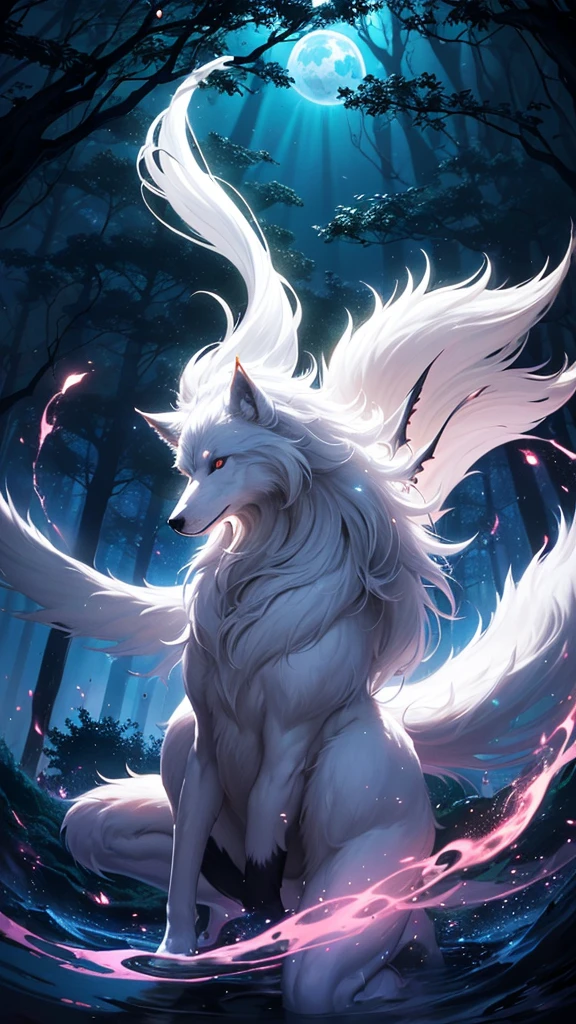 1 Big Wolf, mythical creature, nine tails, (glowing eyes:0.9), red fur, elegant posture, (spiritual aura:1.2), flowing mane, (floating in the air:1.3), mysterious, (wisdom:1.1), seductive, (enchanted forest background:1.4), moonlit night, magical, ancient, (ethereal glow:1.2), (translucent tails:1.1), mythical powers, (misty atmosphere:0.8), divine, (celestial beings:1.3), (fierce protector:1.2), alluring, (fading into shadows:0.9).