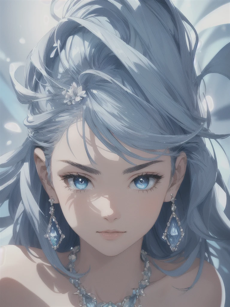 masterpiece, best quality, illustration, sax blue, platinum earrings, platinum necklace, white dress, 1girl, cute, (dynamic lighting:1.2), cinematic lighting, delicate facial features, detailed eyes, sharp pupils, realistic pupils, depth of field, bokeh, sharp focus, (hyper-detailed, bloom, glow:1.4), many small gems