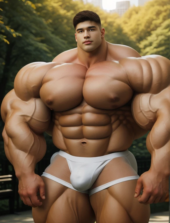 1boy, giant, bodybuilding pose, stand, illuminating light, strong body, bulk, large size, staring, fully-exposed, outdoor, at the Central Park, nude, white triangular underwear, prominent bulge, extraordinary big, brutalmass, giant, muscular body, bulk, buff, massive body, large meaty body size, extremely wide size