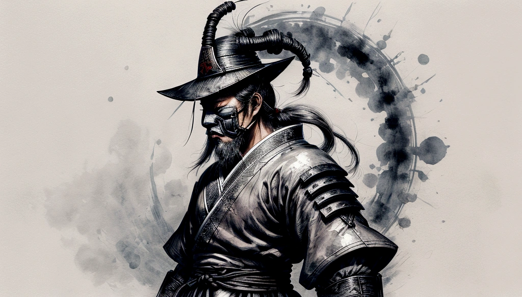 japanese samurai on the side, in the style of minimalist ink wash, 2d game art, witchcore, light white and dark gray, i can,t believe how beautiful this is, gongbi, ritualismo mask.