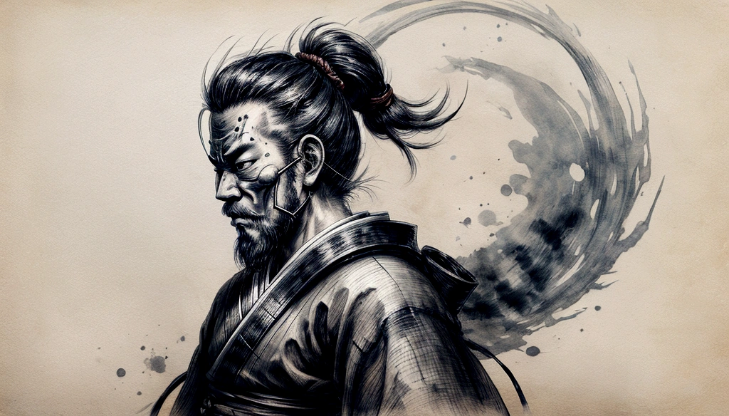 japanese samurai on the side, in the style of minimalist ink wash, 2d game art, witchcore, light white and dark gray, i can,t believe how beautiful this is, gongbi, ritualismo mask.