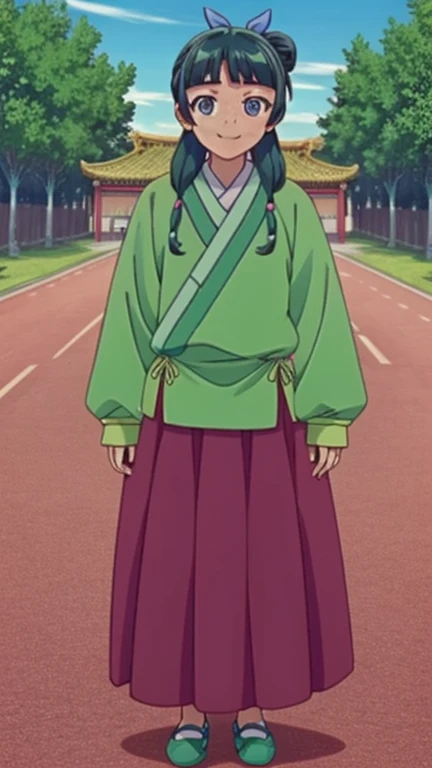 1girl, maomao, blunt bangs,green hair,long hair,blue eyes,solo, own hands at sides, smile,sidelocks,twin braids,hair over shoulder,hair beads,half updo,single hair bun,hair ribbon,blue ribbon,freckles,hanfu,green japanese clothes,long sleeves,wide sleeves,purple skirt,long skirt,shoes,,expressive eyes, official art, outdoors, nature, trees, chinese temple, sky,, full body, frontal shot, sport shoes,