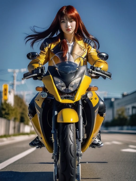 woman in leather jacket sitting on a motorcycle on the street, Wearing a leather biker outfit, motorcycle, riding a motorcycle, sitting on a motorcycle, motorcycles, Motorcycle, Sitting on a cyberpunk motorcycle, riding a motorcycle, Asuka, Ayaka cosplay, 🚿🗝📝, Kasumi Arimura Style 3/4, Russian mixed with Japanese