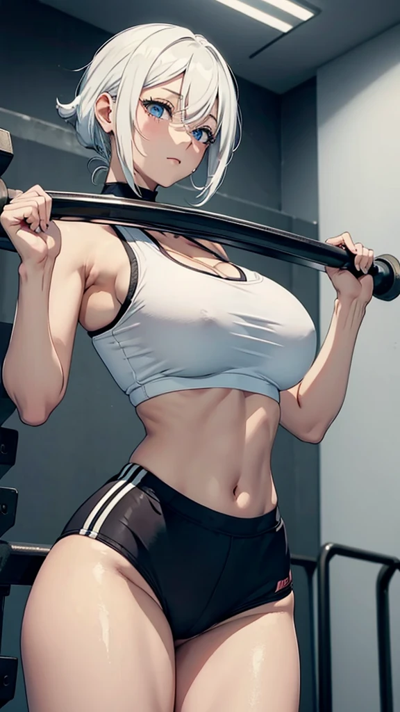 Anime girl biger boob
Very tight bra
White hair
In gym
