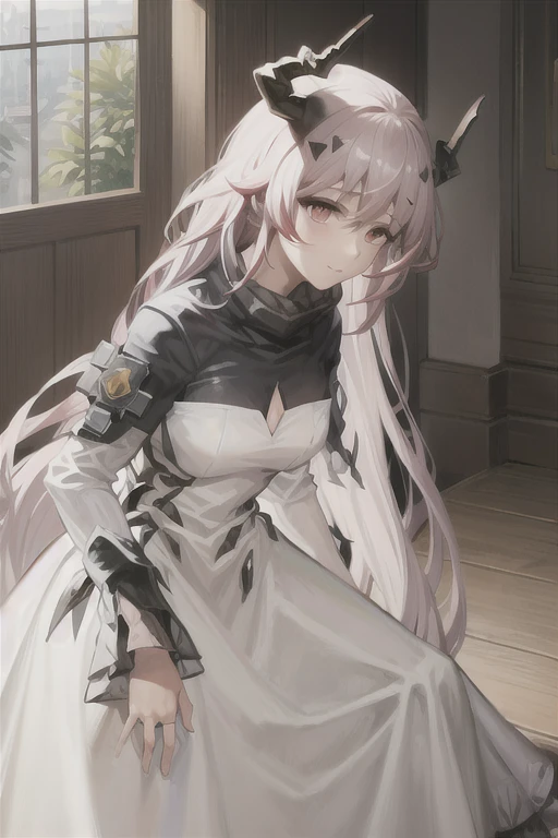 1girl,horns,theresahead,theresa,cowboyshot, white long dress, long skirt
