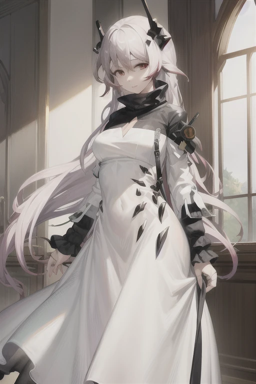 1girl,horns,theresahead,theresa,cowboyshot, white long dress, long skirt