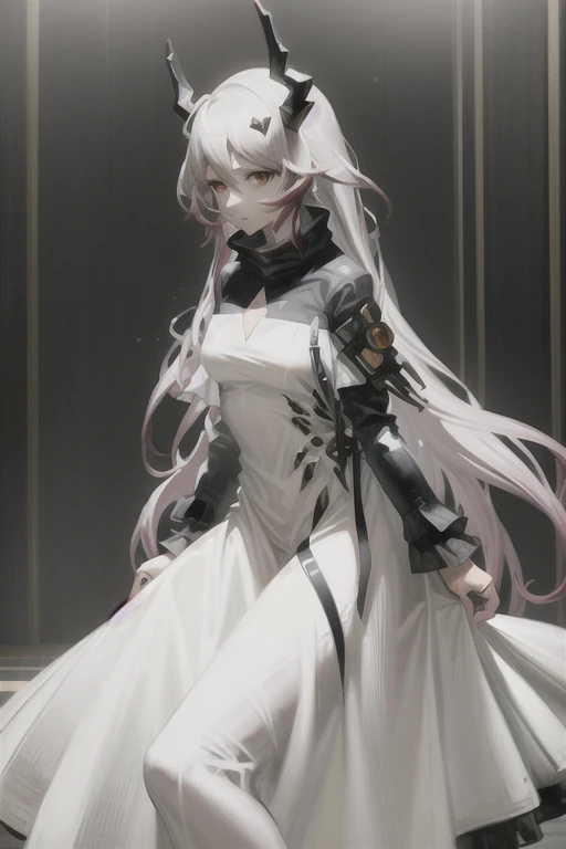 1girl,horns,theresahead,theresa,cowboyshot, white long dress, long skirt