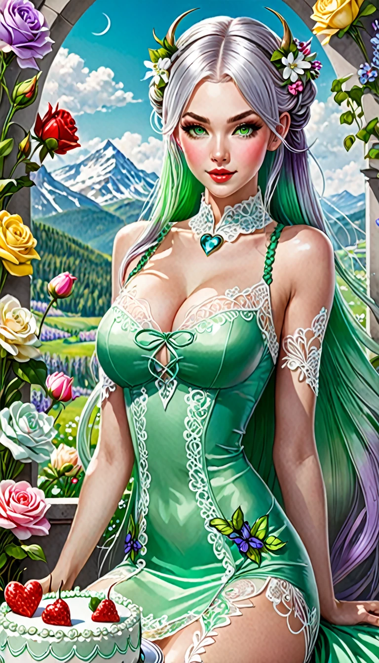 A glorious sunrise,stele, heart, Rainbow Spectrum, fund, in mint white lavender chic hair, cake, mixed language_SMS, (beautiful and clear background:1.2),, fantastic paintings , Lace eye with high detail, braids longas, braid, kosmos, Galaxy, long hair, cool hairstyle, Plant flora, amorous, Amemos, cabelo ultra detaild, best qualityer, tall quality, high resolution, detail enhancement, ((most beautiful image in the world)), work of art, best qualityer, detail enhancement de alta qualidade, ((most beautiful image ), shiny hair, ultra chic printed dress, Stampa Flores, mesh pantyhose,, arte de stjepan sejic, arte de j scott campbell, art by Guillem March, arte por citemer liu, 4K, high resolution, comic book character, comic, high quality detailed, style of ::2.0 style of ilustração comix,tattoo style, tall quality, high resolution, detail enhancement, 8K, High definition, best qualityer, tall quality, high resolution, detail enhancement, 8K, High definitionR, sharp focus, ultra detaild, perfect lighting, curvy body, Lush breasts, Curvy hips,Tia shows to have a very slender figure. She has grayish-white hair , she has short hair and big light green eyes. sitting on the devil's throne wearing devil horns and a sexy and hot outfit. Underneath it are many snakes and behind it there are many demons. Terror and darkness. realisitic, top-quality.