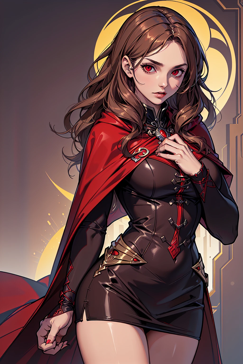 ((masterpiece:1.2, best quality, ultra detailed, absurdres, perfect anatomy, perfect hands)), (((1 woman))), (short brown wavy hair), red eyes, fit, ((dhampir noble sorcerer)), black cloak