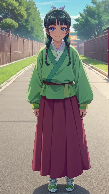 1girl, maomao, blunt bangs,green hair,long hair,blue eyes,solo, own hands at sides, smile,sidelocks,twin braids,hair over shoulder,hair beads,half updo,single hair bun,hair ribbon,blue ribbon,freckles,hanfu,green japanese clothes,long sleeves,wide sleeves,purple skirt,long skirt,shoes,,expressive eyes, official art, outdoors, nature, trees, chinese temple, sky,, full body, frontal shot, sport shoes,