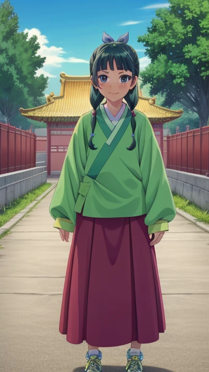 1girl, maomao, blunt bangs,green hair,long hair,blue eyes,solo, own hands at sides, smile,sidelocks,twin braids,hair over shoulder,hair beads,half updo,single hair bun,hair ribbon,blue ribbon,freckles,hanfu,green japanese clothes,long sleeves,wide sleeves,purple skirt,long skirt,shoes,,expressive eyes, official art, outdoors, nature, trees, chinese temple, sky,, full body, frontal shot, sport shoes,