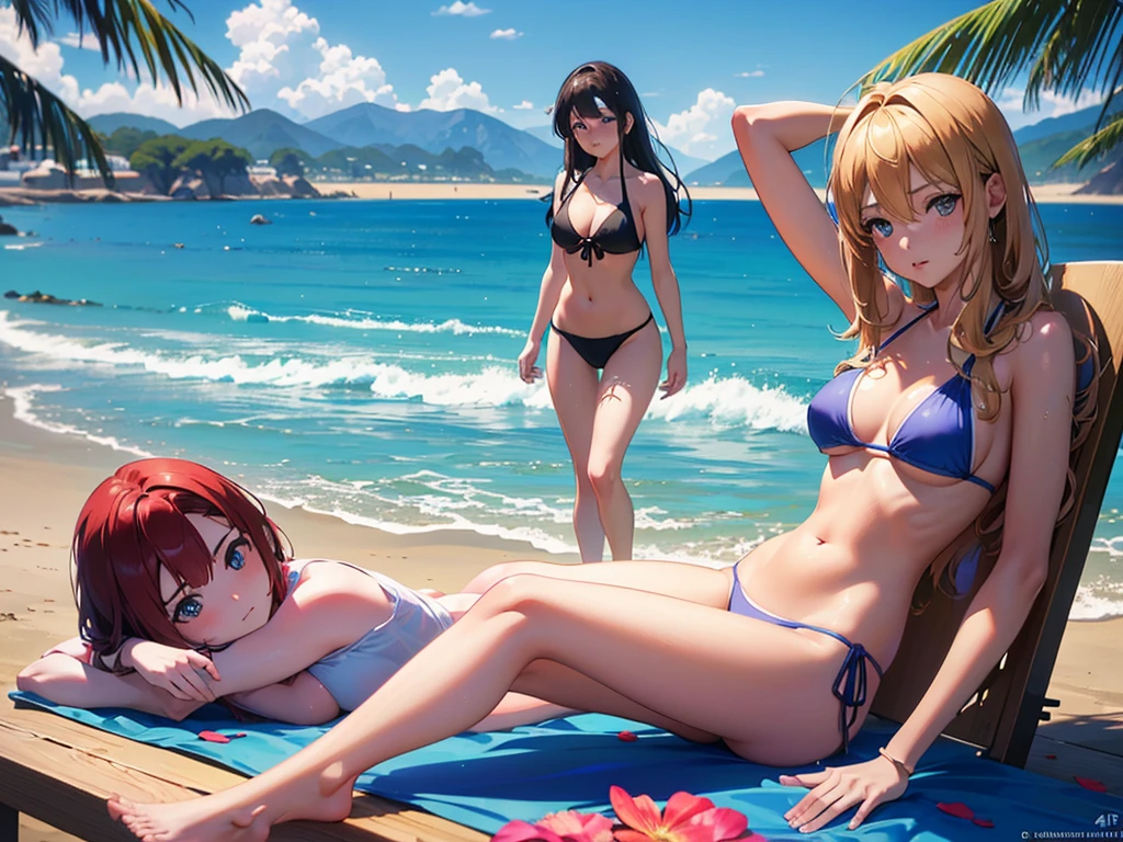 anime, Style, 2 girls in bikini, on the beach(best quality, 4k, 8k, high resolution, obra-prima: 1.2), ultra-detailed, (realista, fotorealista, foto-realista: 1.37) colorido com vibrantes cores, soft lighting