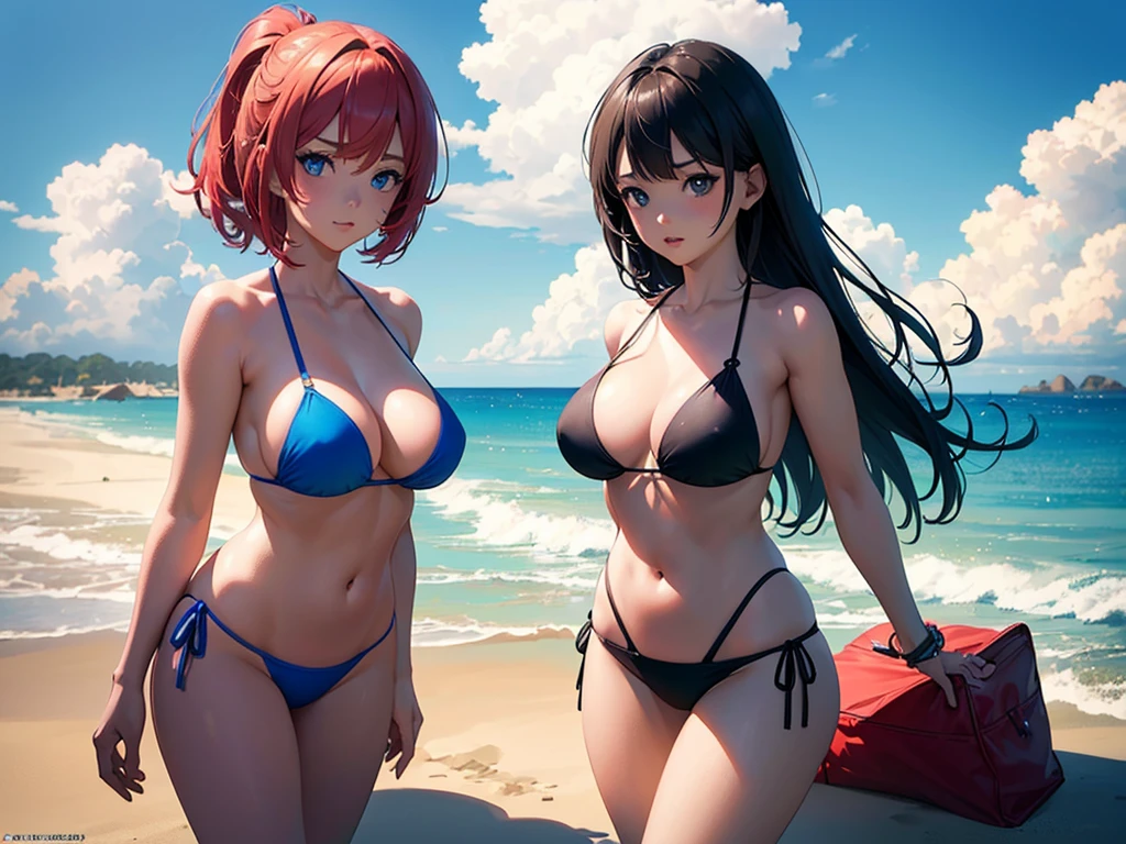 anime, Style, 2 girls in bikini, on the beach(best quality, 4k, 8k, high resolution, obra-prima: 1.2), ultra-detailed, (realista, fotorealista, foto-realista: 1.37) colorido com vibrantes cores, soft lighting