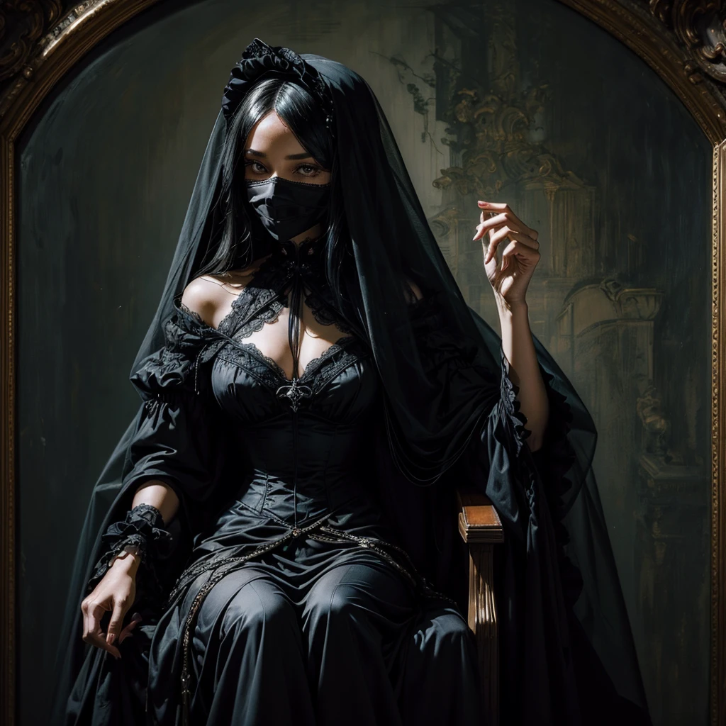 A ghostly and mysterious black lady sitting on a Victorian style armchair with a black veil covering her face, behind her a painting with a mysterious portrait, the scene presents a sinister and disturbing atmosphere