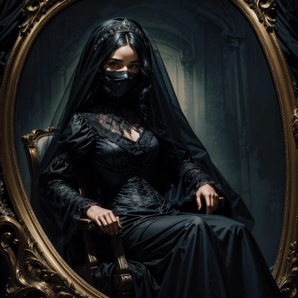 A ghostly and mysterious black lady sitting on a Victorian style armchair with a black veil covering her face, behind her a painting with a mysterious portrait, the scene presents a sinister and disturbing atmosphere
