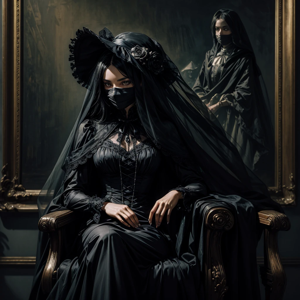 A ghostly and mysterious black lady sitting on a Victorian style armchair with a black veil covering her face, behind her a painting with a mysterious portrait, the scene presents a sinister and disturbing atmosphere