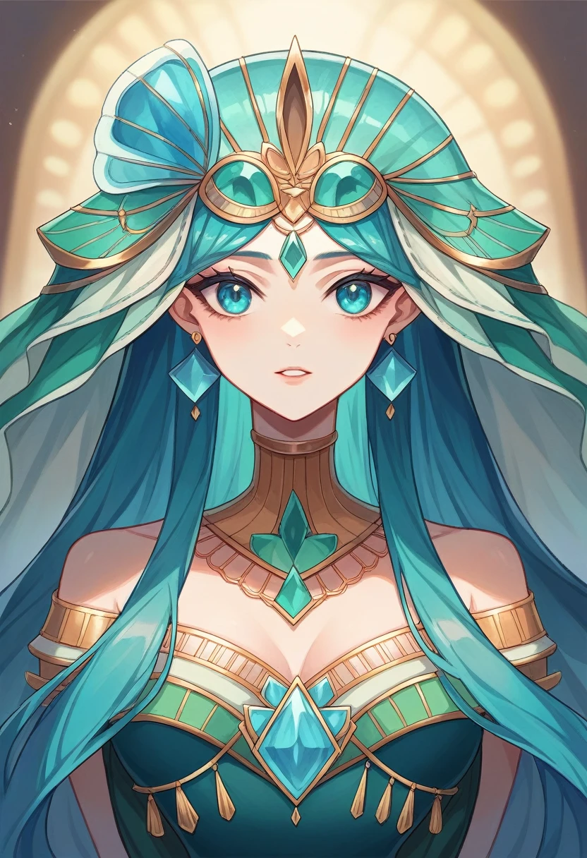 Close-up of a woman with a blue headpiece and a blue veil, jeweled, turquoise blue face, covered in jewels, decorated with precious stones, exotic eyes, his head covered with jewels, crystal blue eyes, jeweled, Cleopatra the Beautiful, aquamarine eyes, inspired by Hedi Xandt, Blue eyes, jeweled, turquoise eyes