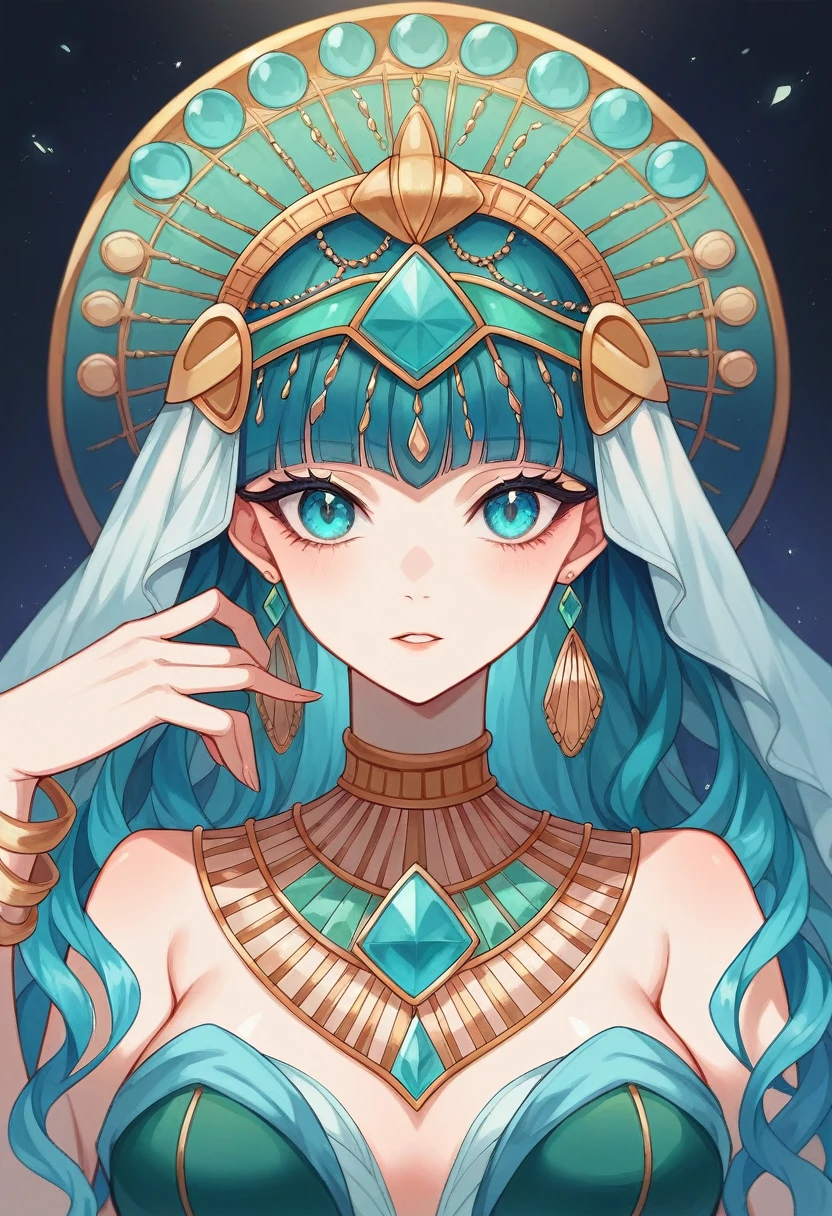 Close-up of a woman with a blue headpiece and a blue veil, jeweled, turquoise blue face, covered in jewels, decorated with precious stones, exotic eyes, his head covered with jewels, crystal blue eyes, jeweled, Cleopatra the Beautiful, aquamarine eyes, inspired by Hedi Xandt, Blue eyes, jeweled, turquoise eyes