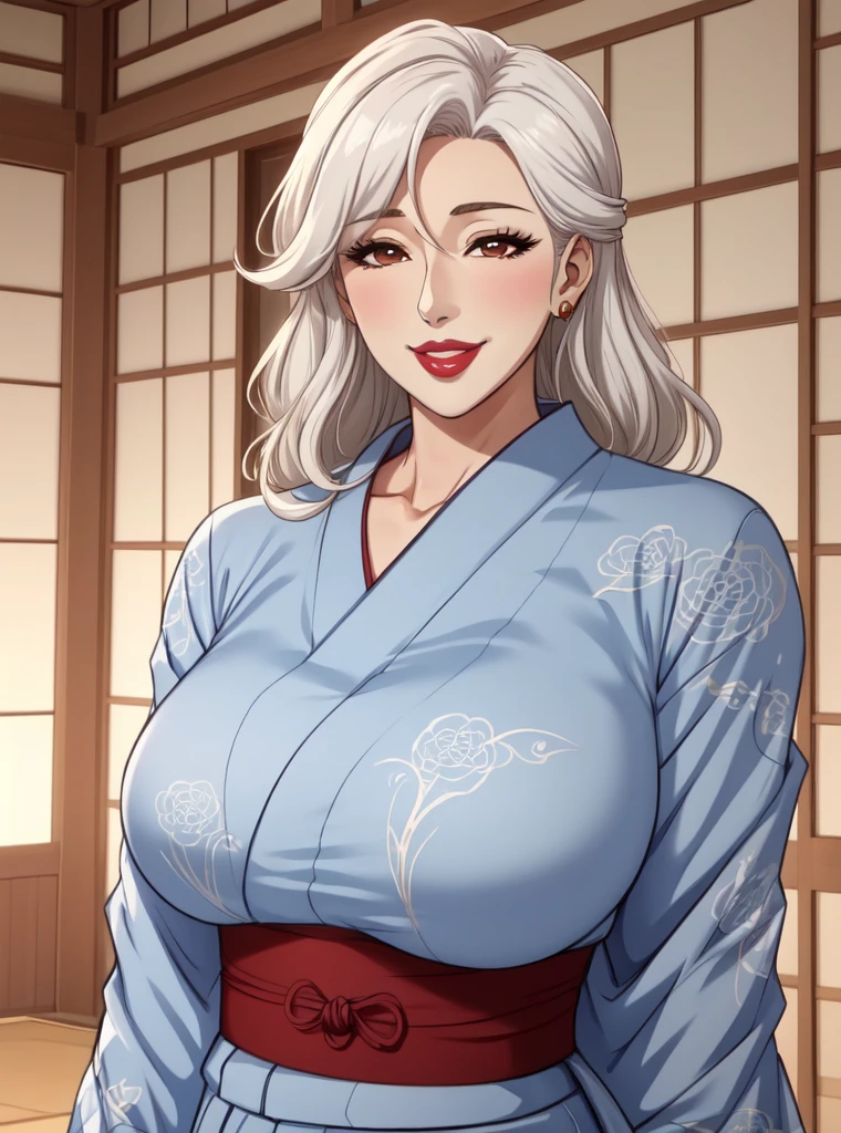 1girl, japanese clothes, yukata,  upper body, (mature female:1.5),seductive smile, ara ara
masterpiece, best quality, intricate details,  anime screencap, flat color, mature lady, brown eyes, white hair, red lips, very large breasts, swollen lips