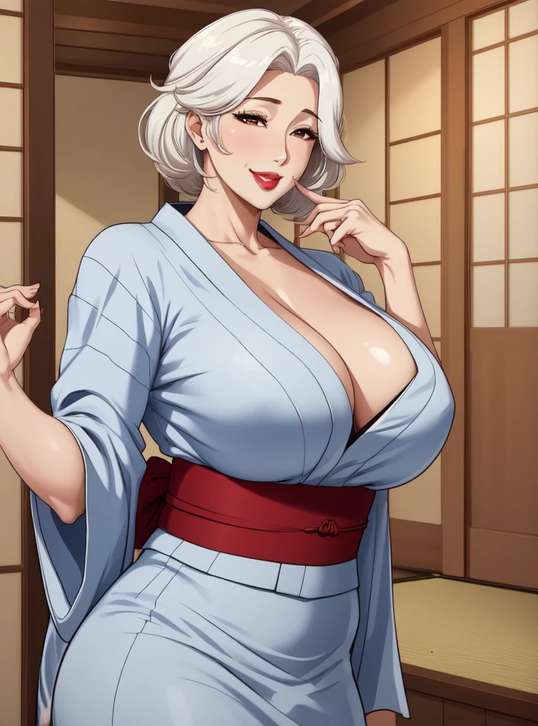 1girl, japanese clothes, yukata,  upper body, (mature female:1.5),seductive smile, ara ara
masterpiece, best quality, intricate details,  anime screencap, flat color, mature lady, brown eyes, white hair, red lips, very large breasts, swollen lips