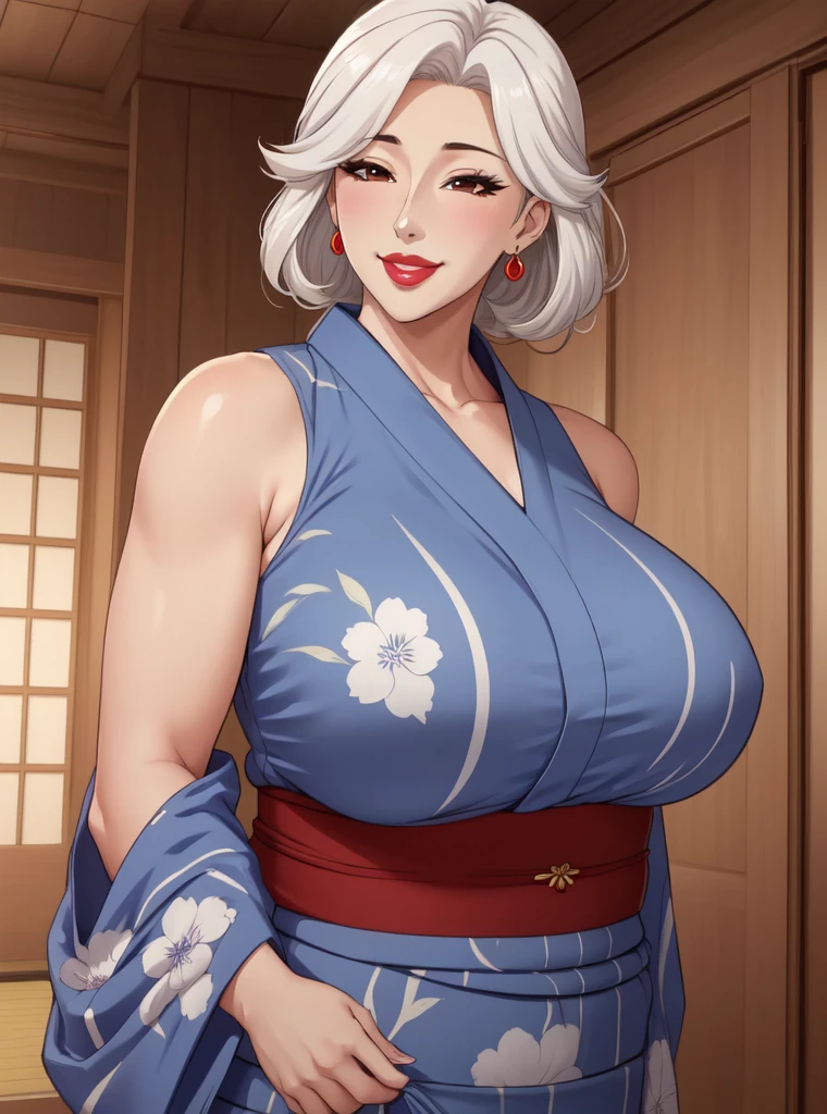 1girl, japanese clothes, yukata,  upper body, (mature female:1.5),seductive smile, ara ara
masterpiece, best quality, intricate details,  anime screencap, flat color, mature lady, brown eyes, white hair, red lips, very large breasts, swollen lips