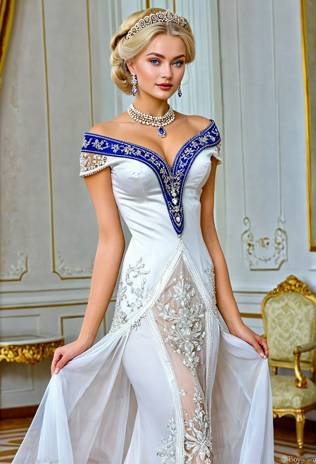 Boyarina, an aristocrat, in jewelry, high society reception, open dress, Sturdy Figure, Beautiful body, blonde, Ukrainian by nationality, stately, proportional body, 