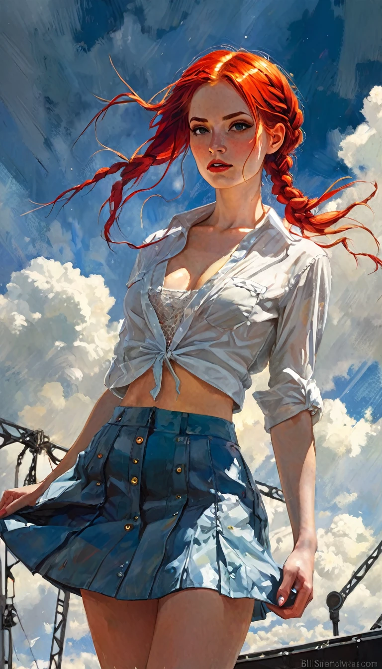 masterpiece, best quality, ultra detailed, illustration, 1 girl, twin braided red hair, on stage clockworld, open shirt, sunlight, cloudy sky, small breasts, microskirt, great detail surroundings, short shirt, crop top ( art inspired by Bill Sienkiewicz). oil painting)