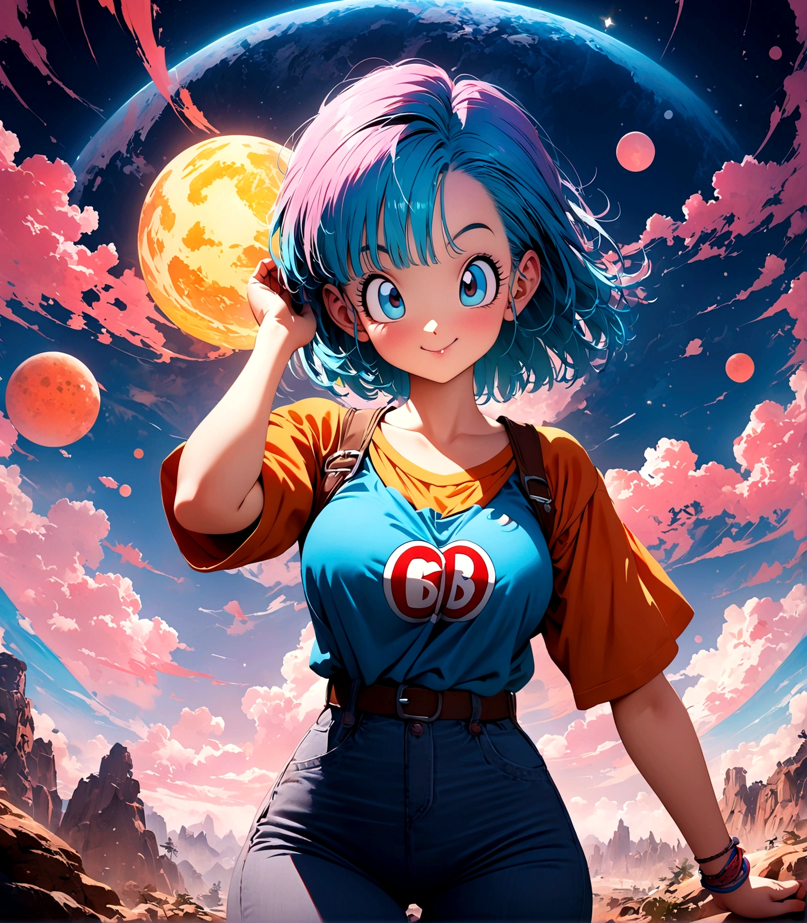 (1girl,bulma,dragon ball), sexy ,Intricate details,Wide range of colors,artwork,rendering,(masterpiece:1.3),(highest quality:1.4),(Super detailed:1.5),High resolution,Very detailed,unity 8k wallpaper,