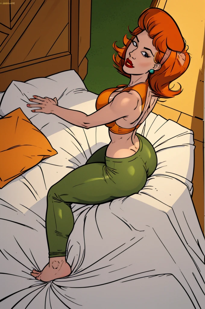 (work of art, best qualityer:1.2), 1 girl, jewerly, aretes, standing alone, lipstick, hair elastic, make up, breastsout, large breastsout, hair orange, shorth hair, cross legs, pants, It is, huge It is, ssmile, colete de suIt ister, green pants, pillow, gazing at viewer, From above para baixo de baixo para cima, from behind, pillow hug, Ablaze, all on all fours, Ablaze skin, object hug, From above, sheet, on the bed, Inside the house, doggystyle