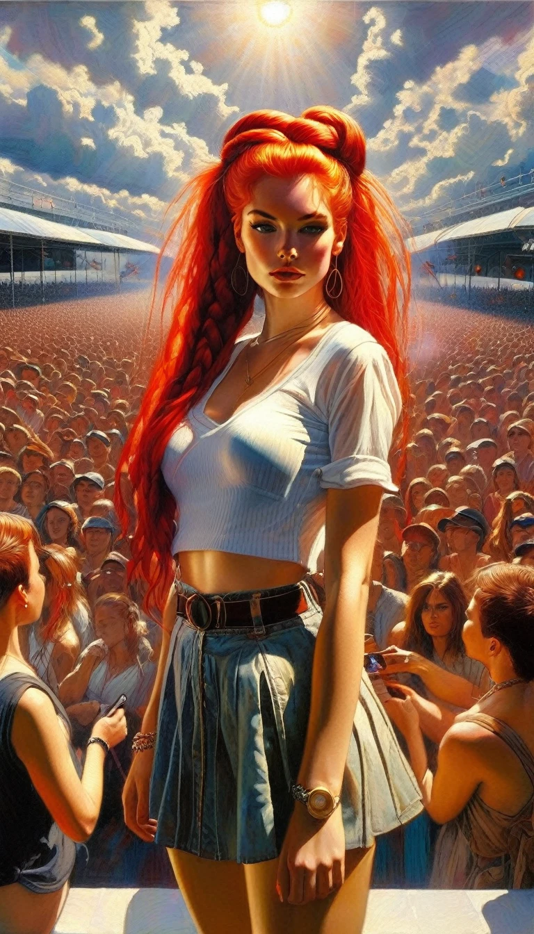 masterpiece, best quality, ultra detailed, illustration, 1 girl, twin braided red hair, on stage clockworld, open shirt, sunlight, cloudy sky, small breasts, microskirt, great detail surroundings, short shirt, crop top ( art inspired by Bill Sienkiewicz). oil painting)
