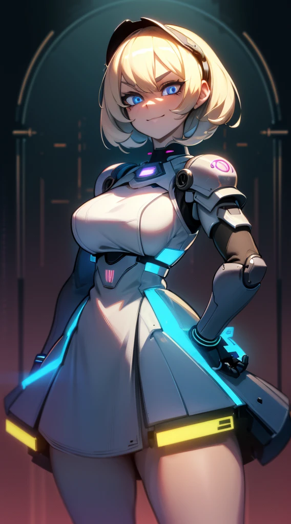 Unparalleled beauty, Glossy and firm skin, Light blonde hair, Beautiful and nice girl,kindly smile,Short hair,french braid hair, (best quality,4k,8k,highres,masterpiece:1.2),ultra-detailed,(realistic,photorealistic,photo-realistic:1.37),futuristic female cyborg,portrait style,metallic material,glowing blue eyes,sharp facial features,fierce expression,mechanical body parts,digitally enhanced long hair,futuristic armor,high-tech visor,powerful and confident stance,dystopian background,neon lights,colorful holographic projections,sci-fi lighting