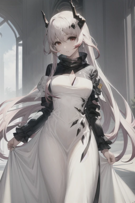 1girl,horns,theresahead,theresa,cowboyshot, white long dress, long skirt