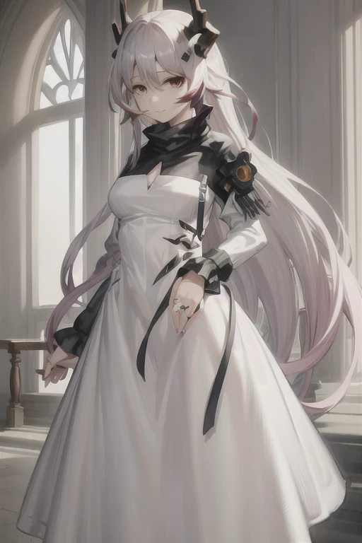1girl,horns,theresahead,theresa,cowboyshot, white long dress, long skirt