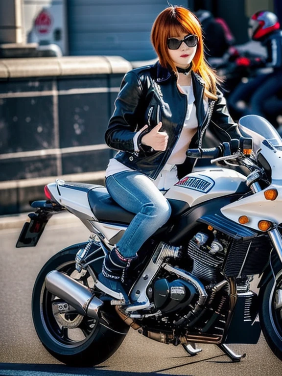 woman in leather jacket sitting on a motorcycle on the street, Wearing a leather biker outfit, motorcycle, riding a motorcycle, sitting on a motorcycle, motorcycles, Motorcycle, Sitting on a cyberpunk motorcycle, riding a motorcycle, Asuka, Ayaka cosplay, 🚿🗝📝, Kasumi Arimura Style 3/4, Russian mixed with Japanese